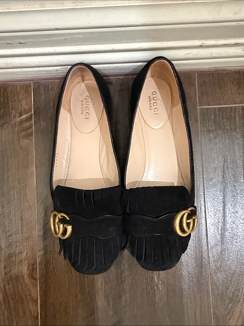 Gucci Black Suede Fringe Loafers with Gold GG Horsebit